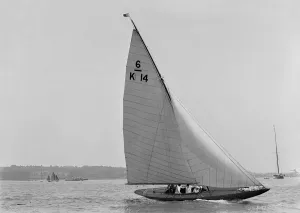 The 6 Metre sailing yacht Margaret (K14) sailing upwind, 1921
