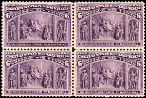Columbus Christopher Prints: 6c Columbus Welcomed at Barcelona block of four, 1893. Creator: Unknown