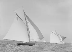 Gunter Rig Prints: The 8 Metre Antwerpia (H19) and Windflower (H3) racing under spinnaker, 1911