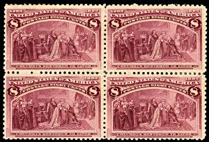 Colonisation Gallery: 8c Columbus Restored to Favor block of four, 1893. Creator: Unknown