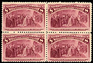 Castile Isabella Of Prints: 8c Columbus Restored to Favor block of four, 1893. Creator: Unknown