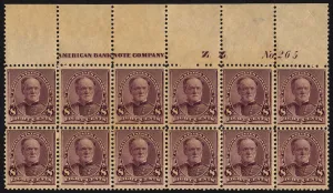 Lilac Collection: 8c William T. Sherman imprint plate block of twelve, March 21, 1893