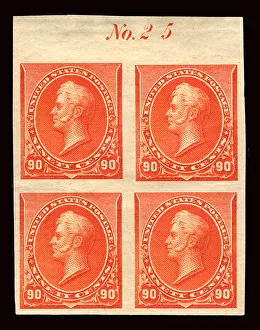 Commodore Prints: 90c Commodore Oliver Hazard Perry proof plate block of four, February 22, 1890