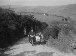Sidecar Prints: 990 cc AJS and sidecar of M Laidlaw at the MCC Lands End Trial, Beggars Roost, Devon, 1936