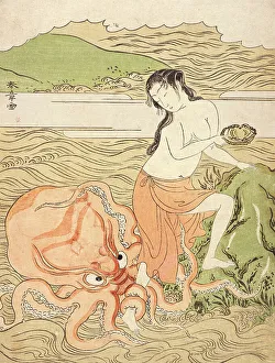 Shunsho Prints: Abalone Fishergirl with an Octopus, between circa 1773 and circa 1774. Creator: Shunsho