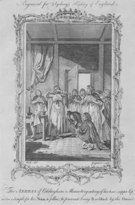 Precaution Prints: The Abbess of Coldingham Monastery self-mutilating to avoid rape by Viking invaders, 1773