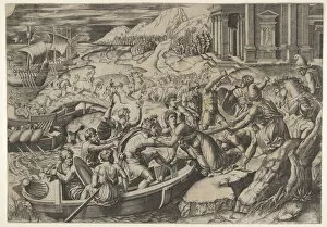 Trojan Wars Gallery: The abduction of Helen; battle scene on a shore with two men pulling Helen into a b