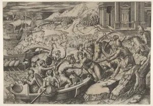 Raimondi Prints: The abduction of Helen; battle scene on a shore with two men pulling Helen into a b