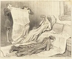 Lying Prints: Abonnes recevant leur journal... 1845. Creator: Honore Daumier