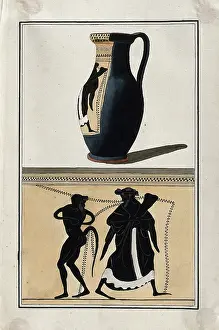 Dionysos Prints: Above, black-figured Greek wine jug (oinochoe); below