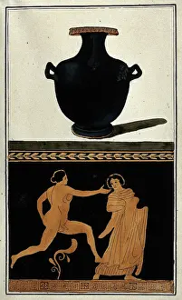 Antiquities Prints: Above, a black Greek water-jug (hydria); below