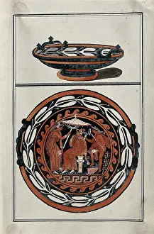 Antiquities Prints: Above, red-figured Greek cup (kylix?); below