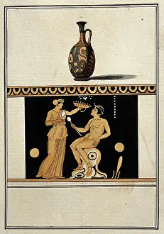 Dish Prints: Above, red-figured Greek perfume vessel (lekythos) decorated with figures and a palm