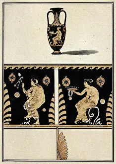Dish Prints: Above, red-figured Greek vessel used for transporting wine (transport amphora)
