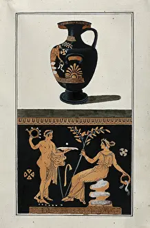 Antiquities Prints: Above, red-figured Greek water jar (hydria); below