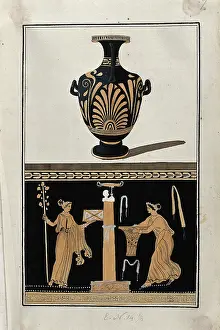 Designs Prints: Above, red-figured Greek water jar (hydria) decorated with a palm motif; below