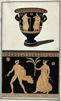 Antiquities Prints: Above, a red-figured Greek wine bowl (krater); below