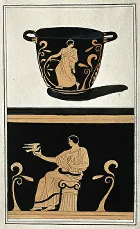 Above, a red-figured Greek wine bowl (krater); below, detail of the decoration showing a....1760-9 Creator: Augustin Dahlsteen