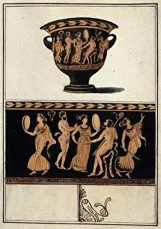 Above, a red-figured Greek wine bowl (krater); below, detail of the decoration showing....1760-9. Creator: Augustin Dahlsteen