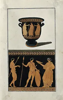 Antiquities Prints: Above, red-figured Greek wine-mixing bowl (bell-krater); below