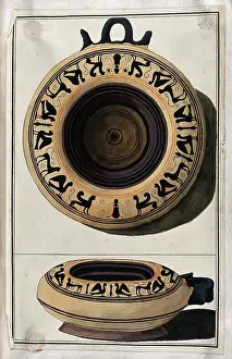 Antiquities Prints: Above, white-ground black-figured Greek vessel decorated with a frieze of stylised