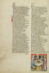 Abraham Organizing a Feast on the Day of Isaac's Weaning; Weltchronik, about 1400-1410. Creator: Unknown