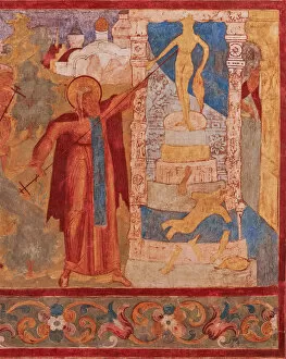 Ancient Russian Frescos Gallery: Abraham of Rostov destroys the Veless statue. Fresco of the Church of Saint John The Apostle in Ros