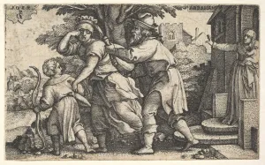 Sarah Gallery: Abraham sending away Hagar and Ishmael: Abraham holds forth a vessel as Hagar and Ishm