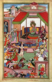 Akbar Collection: Abu l-Fazl ibn Mubarak presenting the Akbarnama to Akbar