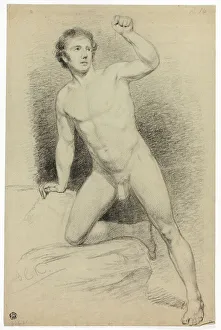 Barend Cornelis Koeckkoek Prints: Academic Male Nude Leaning on Platform, n.d. Creator: Barend Cornelis Koekkoek