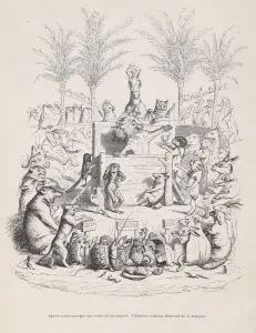 J J Grandville Prints: After accepting a glass of sweet water, the illustrious orator descends from the pl