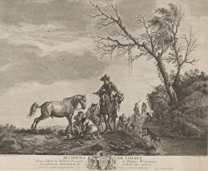 Charles Nicolas Collection: An accident while traveling, a kneeling man fixing a broken saddle, a horse pissing at
