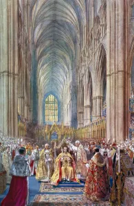 Brewer Collection: The Act of Crowning, George VIs coronation ceremony, Westminster Abbey, London