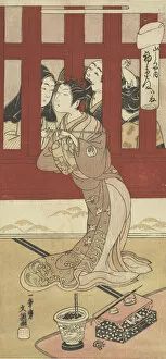 The Actor Bando Hikosaburo II in the Role of the Oiran Hatsuito of Yamashiro-ya, ca. 1770. Creator: Ippitsusai Buncho