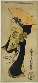 The actor Fujimura Handayu II as Nowake no Mae in the play Tategami Teika Kazura, perfor... 1719. Creator: Okumura Toshinobu