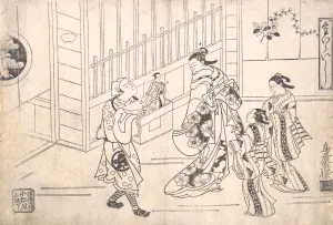 Brothel Gallery: The Actor Ichimura Takenojo VIII in the Role of a Puppeteer, showing Puppets to a Cour