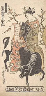 Love Letter Collection: The Actor Iwai Hanshiro as a Courtesan Reading a Love Letter while Mounted on a Black