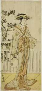 Katsukawa Shunei Prints: The Actor Iwai Hanshiro IV as Okumi of the Mieido Fan Shop (?) in the Play Sanjuk-koku