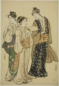 The Actor Iwai Hanshiro IV in Street Attire (by Shun ei) Conversing with Two Women... c