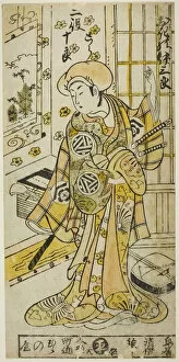 Heroine Gallery: The Actor Ogino Isaburo I in two roles, Tora and Soga no Juro, in the play 'Juhakko Imayo... 1734