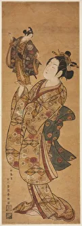 Puppet Show Prints: The Actor Onoe Kikugoro I holding a puppet of the Actor Sanogawa Ichimatsu I, c. 1740s
