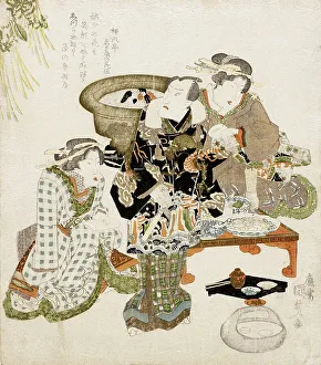 Tea House Prints: The Actor Onoe Kikugoro III at Umemoto Teahouse, c1825. Creator: Utagawa Kunisada
