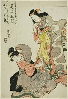 Afterlife Gallery: The actor Onoe Shoroku I as the ghost of the Shirabyoshi Hanako standing over Osagawa... c. 1810