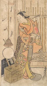 Drag Queen Prints: Actor as a Woman Standing by a Mirror Stand, ca. 1735. Creator: Torii Kiyotada