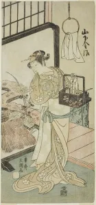 The Actor Yamashita Kinsaku II as Oume, Wife of Kisaku, in the Play Nue no Mori Ichiyo... c1770. Creator: Ippitsusai Buncho