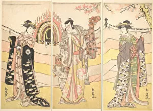 Triptych Of Polychrome Woodblock Prints Gallery: Three Actors in Beautiful Costumes Performing a Religious Dance, ca. 1785