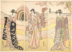 Triptych Of Polychrome Woodblock Prints: Three Actors in Beautiful Costumes Performing a Religious Dance, ca. 1785