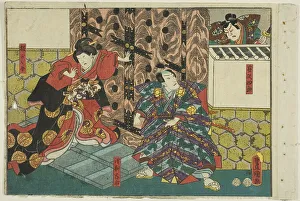 Actors as Fujisawa Shiro, Asari Yoichi, and Hangaku, from an untitled series of half...c. 1851/52. Creator: Utagawa Kunisada
