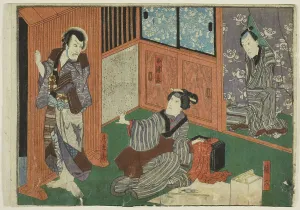 Actors as Genroku, Otsuma, and Shokuro, from an untitled series of half-block... c. 1851/52. Creator: Utagawa Kunisada
