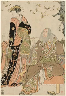 The Actors Ichikawa Danjuro V as Hige no Ikyu, Nakamura Riko as Agemaki, and Ichikawa Ebiz... 1784